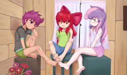 Size: 4974x2958 | Tagged: explicit, artist:pestil, apple bloom, scootaloo, sweetie belle, bandage, banned from derpibooru, barefoot, blushing, clothes, clubhouse, crusaders clubhouse, cum, cum on feet, cutie mark crusaders, embarrassed, equestria girls outfit, feet, female, females only, fetish, foot fetish, footsie, grin, high res, human, humanized, imported from twibooru, lolicon, paywalled source, smiling, stool, tanktop, underage