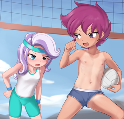 Size: 2390x2295 | Tagged: explicit, artist:pestil, diamond tiara, scootaloo, bandage, banned from derpibooru, blushing, breasts, casual nudity, clothes, delicious flat chest, female, human, humanized, imported from twibooru, lolicon, male swimwear challenge, nipples, nudity, outdoors, partial nudity, public, shorts, small breasts, sports, tan lines, tanktop, topless, underage, vagina, volleyball, vulva