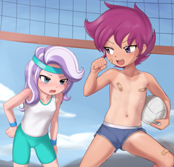 Size: 2390x2295 | Tagged: explicit, artist:pestil, diamond tiara, scootaloo, bandage, bandaid, banned from derpibooru, blushing, breasts, casual nudity, clothes, delicious flat chest, female, human, humanized, imported from twibooru, lolicon, male swimwear challenge, nipples, nudity, outdoors, partial nudity, pasties, public, shorts, small breasts, sports, tan lines, tanktop, topless, underage, vagina, volleyball, vulva