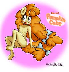 Size: 1725x1784 | Tagged: explicit, artist:anibaruthecat, comic:incest-d-licious, anthro, banned from derpibooru, blushing, female, imported from twibooru, lolicon, nudity, pumpkin cake, simple background, solo, underage, unguligrade anthro, unicorn, vulva