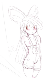 Size: 477x772 | Tagged: questionable, apple bloom, artist needed, banned from derpibooru, blushing, braless, breasts, clothes, delicious flat chest, female, hands behind back, human, humanized, imported from twibooru, lolicon, naked overalls, nipples, no underwear, nudity, overalls, sketch, small breasts, solo, underage
