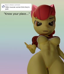 Size: 1484x1713 | Tagged: explicit, artist:littlesocks3, apple bloom, series:littlesocks, 3d, abs, anthro, banned from derpibooru, bottomless, clothes, earth pony, female, imported from twibooru, lolicon, meme, partial nudity, solo, underage
