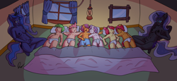 Size: 1627x750 | Tagged: explicit, artist:anonjg, apple bloom, babs seed, princess luna, scootaloo, spike, sweetie belle, anthro, banned from derpibooru, crotch bulge, cutie mark crusaders, earth pony, female, fizzle, futa, human, humanized, imported from twibooru, intersex, lolicon, male, nightmare moon, nudity, pegasus, shotacon, sleeping, underage, unicorn
