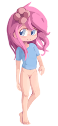 Size: 1864x4056 | Tagged: questionable, artist:parfait, oc, oc:kayla, banned from derpibooru, bottomless, child, clothes, female, flower, flower in hair, human, humanized, humanized oc, imported from twibooru, lolicon, nudity, oc only, partial nudity, shirt, simple background, solo, t-shirt, underage, white background