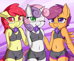 Size: 2454x2016 | Tagged: suggestive, artist:fearingfun, apple bloom, scootaloo, sweetie belle, anthro, banned from derpibooru, bra, cameltoe, clothes, condom, condom in mouth, cutie mark crusaders, earth pony, female, gym shorts, imported from twibooru, lolicon, mouth hold, pegasus, tight clothing, underage, underwear, unicorn