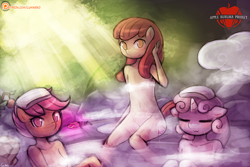 Size: 1125x750 | Tagged: suggestive, artist:lumineko, apple bloom, scootaloo, sweetie belle, alternate version, anthro, apple buruma project, banned from derpibooru, bathing, cutie mark crusaders, earth pony, female, imported from twibooru, lolicon, pegasus, strategically covered, underage, unicorn