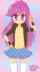 Size: 600x1058 | Tagged: questionable, artist:riouku, editor:anonymous, scootaloo, banned from derpibooru, belly button, breasts, child, clothes, delicious flat chest, edit, female, gloves, human, humanized, imported from twibooru, lolicon, long hair, looking at you, midriff, nipples, nudity, panties, partial nudity, partial nudity edit, peace sign, skirt, skirtaloo, smiling, solo, stockings, thigh highs, thong, underage, underwear