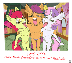 Size: 800x700 | Tagged: questionable, artist:bhawk, apple bloom, scootaloo, sweetie belle, anthro, banned from derpibooru, bedroom eyes, breasts, clothes, cutie mark crusaders, delicious flat chest, earth pony, edit, female, imported from twibooru, lolicon, oral invitation, panties, pegasus, photo, thong, underage, underwear, unicorn
