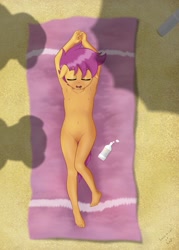 Size: 918x1280 | Tagged: explicit, artist:salemcat, apple bloom, scootaloo, sweetie belle, anthro, armpits, banned from derpibooru, beach, belly button, breasts, delicious flat chest, female, imported from twibooru, lolicon, nudity, pegasus, plantigrade anthro, prank, simple background, sleeping, small breasts, solo focus, underage, vulva