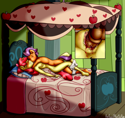 Size: 3682x3480 | Tagged: explicit, artist:anibaruthecat, apple bloom, anthro, anus, apple bloom's bed, apple bloom's bedroom, apple bloom's bow, balls, banned from derpibooru, bed, bloomers, bloomers around legs, bloomers pulled down, blushing, bow, briefs, briefs around legs, briefs pulled down, butt, canopy bed, clitoris, close-up, clothed sex, clothes, crying, defloration, delicious flat chest, discarded clothing, earth pony, embracing, eyes closed, female, first time, frilly bloomers, frilly underwear, fruit, furniture, grabbing bedsheets, grabbing sheets, gritted teeth, gritting teeth, hair accessory, hair bow, hair ribbon, imported from twibooru, insertion, lolicon, losing virginity, loss of virginity, lost virginity, male, missionary position, moaning, moaning in pleasure, nipples, nudity, on bed, orange body, partial nudity, partially clothed, partially undressed, penetration, penetration view, penis, penis in pussy, pillow, purple hair, purple mane, purple tail, red hair, red mane, red tail, sex, shipping, shotacon, straight, striped pillow, tears of pain, tears of pleasure, tender taps, tenderbloom, tighty whities, tighty whities around legs, tighty whities pulled down, two toned hair, two toned mane, two toned tail, underage, underwear, underwear around legs, underwear pulled down, unguligrade anthro, vaginal, vaginal insertion, vaginal secretions, virgin, virgin blood, virginity, white underwear, yellow body, yellow nipples