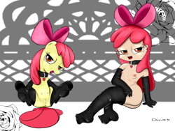 Size: 1600x1200 | Tagged: explicit, artist:docente, apple bloom, banned from derpibooru, breasts, clothes, collar, crotchboobs, delicious flat chest, delicious flat crotch, earth pony, evening gloves, female, gloves, human, human ponidox, humanized, imported from twibooru, latex, latex gloves, latex socks, latex stockings, lolicon, long gloves, looking at you, nudity, pony, presenting, self ponidox, small breasts, socks, stockings, teats, thigh highs, underage, vulva