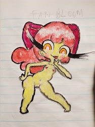 Size: 3024x4032 | Tagged: explicit, artist:yorisoi, apple bloom, :p, banned from derpibooru, blushing, breasts, delicious flat chest, equestria girls, female, hand on chin, imported from twibooru, lolicon, looking at you, nudity, small breasts, solo, tongue out, traditional art, underage, vulva