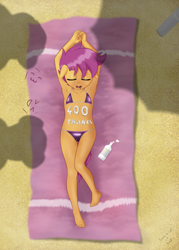 Size: 2517x3508 | Tagged: suggestive, artist:salemcat, apple bloom, scootaloo, sweetie belle, anthro, banned from derpibooru, beach, belly button, bra, clothes, female, imported from twibooru, lolicon, panties, pegasus, plantigrade anthro, prank, simple background, sleeping, solo focus, thank you, underage, underwear