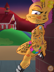 Size: 1536x2048 | Tagged: explicit, artist:lefthighkick, scootaloo, series:littlesocks, against wall, alternate version, anthro, banned from derpibooru, bedroom eyes, body writing, breasts, choker, condom, ear piercing, earring, exhibitionism, female, heeled boots, implied deepthroat, implied lesbian, implied scootadash, implied shipping, imported from twibooru, jewelry, lolicon, looking at you, nipples, nose piercing, nudity, pegasus, piercing, plantigrade anthro, ponyville schoolhouse, public nudity, slut, small breasts, smiling, solo, solo female, spiked choker, underage, young