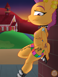 Size: 1536x2048 | Tagged: explicit, artist:lefthighkick, scootaloo, series:littlesocks, against wall, anthro, banned from derpibooru, bedroom eyes, body writing, breasts, choker, condom, ear piercing, earring, female, heeled boots, implied deepthroat, imported from twibooru, jewelry, lolicon, looking at you, nipples, nose piercing, nudity, pegasus, piercing, plantigrade anthro, ponyville schoolhouse, slut, small breasts, smiling, solo, solo female, spiked choker, underage, young