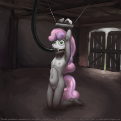 Size: 1500x1500 | Tagged: explicit, grimdark, artist:smudge proof, sweetie belle, anthro, banned from derpibooru, barn, bondage, commission, crying, feeding tube, female, imported from twibooru, kneeling, lolicon, pz, solo, tube, underage, unicorn