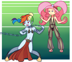 Size: 1587x1356 | Tagged: suggestive, artist:drantyno, fluttershy, rainbow dash, banned from derpibooru, equestria girls, female, imported from twibooru, leash, lolicon, slave, slave leia outfit, solo, star wars, underage