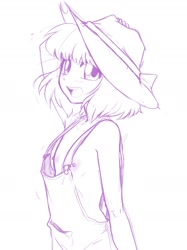 Size: 1247x1663 | Tagged: questionable, artist:chango-tan, apple bloom, banned from derpibooru, braless, breasts, clothes, delicious flat chest, exposed breasts, female, hat, human, humanized, imported from twibooru, lolicon, monochrome, naked overalls, nipples, no underwear, nudity, overalls, partial nudity, simple background, small breasts, solo, topless, underage, white background