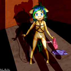 Size: 3000x3000 | Tagged: explicit, artist:anibaruthecat, oc, oc:ravebounce, anthro, banned from derpibooru, bdsm, bondage, breasts, clothes, clothes aside, earth pony, female, imported from twibooru, lolicon, nudity, panties, restraints, rope, rope bondage, shadow, solo, solo female, underage, underwear, unguligrade anthro, vulva