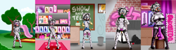 Size: 5758x1650 | Tagged: explicit, artist:anibaruthecat, oc, oc:doctor monifa, abdominal bulge, age progression, alley, anthro, banned from derpibooru, big breasts, breasts, classroom, clothes, dildo, exhibitionism, female, glasses, imported from twibooru, lab coat, lolicon, nudity, oc only, older, panties, panties around legs, panties pulled down, pedobear, playground, plushie, plushie pie, sex shop, sex toy, shirt, shirt lift, short hair, solo, stockings, thigh highs, toy shop, toy store, underage, underwear, unguligrade anthro, vaginal secretions, vaginal secretions dripping, vulva, young, younger, zebra, zebra oc
