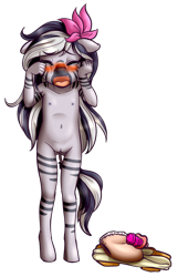 Size: 1199x1865 | Tagged: explicit, artist:anibaruthecat, oc, oc:akinyi, accessory, age regression, anthro, banned from derpibooru, blushing, clothes, crying, diaper, eyes closed, female, flower, flower in hair, imported from twibooru, loincloth, lolicon, long hair, nudity, oc only, pacifier, plant, simple background, solo, transparent background, underage, underass, unguligrade anthro, vulva, young, younger, zebra, zebra oc