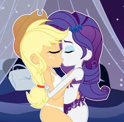 Size: 978x959 | Tagged: suggestive, artist:vi45, applejack, rarity, banned from derpibooru, bra, clothes, equestria girls, female, imported from twibooru, kissing, lesbian, lolicon, panties, rarijack, shipping, underage, underwear, young, younger