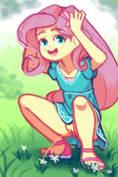 Size: 1020x1530 | Tagged: explicit, artist:drantyno, fluttershy, banned from derpibooru, bottomless, clothes, cute, dress, edit, edited edit, equestria girls, female, fetish, imported from twibooru, lolicon, no panties, nudity, open mouth, open smile, partial nudity, pee edit, pissing, sandals, shyabetes, skirt, smiling, solo, solo female, underage, upskirt, urine, vulva, watersports