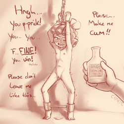 Size: 1440x1440 | Tagged: explicit, artist:crade, a better ending for cozy, aphrodisiac, banned from derpibooru, begging, bondage, breasts, complete nudity, cozy glow, delicious flat chest, dialogue, female, human, humanized, imported from twibooru, lolicon, looking at you, monochrome, mound of venus, nipples, nudist cozy glow, nudity, small breasts, spreader bar, subglow, underage, vagina, vaginal secretions