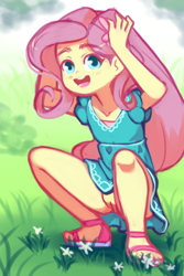 Size: 1020x1530 | Tagged: explicit, artist:drantyno, fluttershy, banned from derpibooru, bottomless, clothes, cute, dress, edit, equestria girls, female, imported from twibooru, lolicon, no panties, nudity, open mouth, open smile, partial nudity, sandals, shyabetes, skirt, smiling, solo, solo female, underage, upskirt, vulva