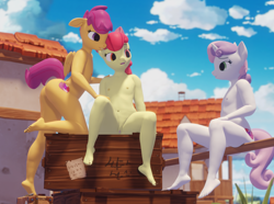 Size: 3840x2854 | Tagged: explicit, artist:cdv, apple bloom, scootaloo, sweetie belle, 3d, anthro, banned from derpibooru, blender, breasts, child, cutie mark crusaders, delicious flat chest, earth pony, female, imported from twibooru, lolicon, nipples, nudity, outdoors, pegasus, plantigrade anthro, small breasts, underage, unicorn, vulva