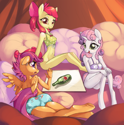 Size: 2600x2630 | Tagged: suggestive, artist:xennos, apple bloom, scootaloo, sweetie belle, anthro, banned from derpibooru, bottomless, clothes, cutie mark crusaders, earth pony, female, imported from twibooru, lolicon, no panties, oppai loli, partial nudity, pegasus, spin the bottle, topless, truth or dare, underage, underwear, unguligrade anthro, unicorn