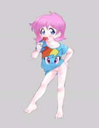 Size: 1500x1929 | Tagged: explicit, artist:yokappa69, rainbow dash, oc, oc:kayla, banned from derpibooru, bottomless, candy, clothes, female, food, hand on hip, human, humanized, humanized oc, imported from twibooru, licking, lolicon, lollipop, no panties, nudity, oc only, partial nudity, simple background, skirt, solo, tongue out, underage, upskirt, vulva