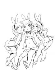 Size: 800x1131 | Tagged: explicit, artist:maniacpaint, apple bloom, scootaloo, sweetie belle, banned from derpibooru, bunny suit, clothes, cutie mark crusaders, female, human, humanized, imported from twibooru, lolicon, monochrome, simple background, sketch, underage, white background