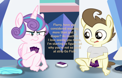 Size: 2491x1590 | Tagged: suggestive, artist:papadragon69, alicorn, alternate version, anthro, babycon, banned from derpibooru, bed, bottomless, card game, clothes, dialogue, discarded clothing, female, frustrated, go fish, imported from twibooru, lolicon, male, naked flurry heart, nudity, partial nudity, plantigrade anthro, poker, shotacon, strip poker, toddlercon, underage