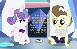 Size: 2491x1590 | Tagged: suggestive, artist:papadragon69, alicorn, anthro, babycon, banned from derpibooru, bed, card game, clothed male nude female, dialogue, discarded clothing, female, frustrated, go fish, imported from twibooru, lolicon, male, naked flurry heart, nudity, plantigrade anthro, poker, shotacon, strip poker, toddlercon, underage