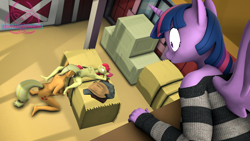 Size: 1920x1080 | Tagged: explicit, artist:senthaurekmern, apple bloom, applejack, twilight sparkle, age difference, alicorn, anthro, banned from derpibooru, barn, cunnilingus, earth pony, female, futa, futa applejack, hay bale, imported from twibooru, incest, intersex, lesbian, lolicon, nudity, oral, sex, shocked, underage