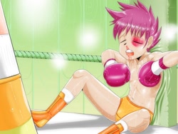 Size: 1280x960 | Tagged: suggestive, artist:pugilismx, scootaloo, banned from derpibooru, blood, boxing, boxing gloves, clothes, defeated, female, human, humanized, imported from twibooru, lolicon, partial nudity, sports, topless, underage