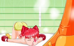 Size: 1280x792 | Tagged: suggestive, artist:pugilismx, apple bloom, banned from derpibooru, blood, boxing, boxing gloves, clothes, defeated, female, human, humanized, imported from twibooru, lolicon, partial nudity, sports, topless, underage