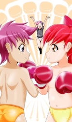 Size: 761x1280 | Tagged: suggestive, artist:pugilismx, apple bloom, scootaloo, sweetie belle, banned from derpibooru, boxing, boxing gloves, clothes, cutie mark crusaders, female, human, humanized, imported from twibooru, lolicon, partial nudity, sports, sports panties, topless, underage