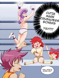 Size: 960x1280 | Tagged: suggestive, artist:pugilismx, apple bloom, scootaloo, sweetie belle, banned from derpibooru, blushing, boxing, boxing gloves, clothes, cutie mark crusaders, female, human, humanized, imported from twibooru, lolicon, partial nudity, speech bubble, sports, sports panties, topless, twist, underage
