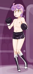 Size: 574x1280 | Tagged: questionable, artist:pugilismx, sweetie belle, banned from derpibooru, boxers, boxing, boxing gloves, clothes, female, human, humanized, imported from twibooru, lolicon, partial nudity, solo, sports, topless, underage, underwear