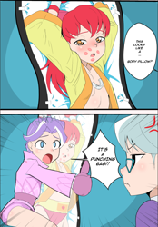 Size: 642x921 | Tagged: suggestive, artist:pugilismx, apple bloom, diamond tiara, silver spoon, banned from derpibooru, blushing, boxing, embarrassed, female, human, humanized, imported from twibooru, kiss mark, lipstick, lolicon, punching bag, sports, sports panties, underage