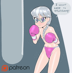 Size: 1036x1050 | Tagged: questionable, artist:pugilismx, silver spoon, banned from derpibooru, boxing, boxing gloves, breasts, clothes, delicious flat chest, female, human, humanized, imported from twibooru, lolicon, partial nudity, speech bubble, sports, topless, underage