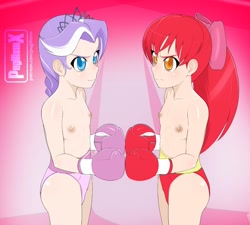 Size: 1280x1154 | Tagged: questionable, artist:pugilismx, apple bloom, diamond tiara, banned from derpibooru, boxing, boxing gloves, clothes, female, human, humanized, imported from twibooru, lolicon, partial nudity, sports, sports panties, topless, underage