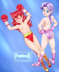 Size: 1055x1280 | Tagged: questionable, artist:pugilismx, apple bloom, diamond tiara, banned from derpibooru, blushing, boxing, boxing gloves, clothes, female, human, humanized, imported from twibooru, lolicon, partial nudity, sports, topless, underage