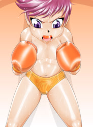 Size: 929x1267 | Tagged: suggestive, artist:pugilismx, scootaloo, banned from derpibooru, boxing, clothes, female, human, humanized, imported from twibooru, lolicon, partial nudity, solo, sports, topless, underage
