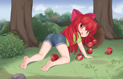 Size: 2158x1386 | Tagged: safe, artist:pestil, apple bloom, adorabloom, all fours, apple, banned from derpibooru, barefoot, basket, blushing, clothes, cute, edit, feet, female, food, human, humanized, imported from twibooru, lolicon, looking back, outdoors, solo, underage