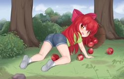 Size: 2158x1386 | Tagged: safe, artist:pestil, apple bloom, all fours, apple, banned from derpibooru, basket, blushing, clothes, female, food, human, humanized, imported from twibooru, lolicon, looking back, outdoors, solo, underage