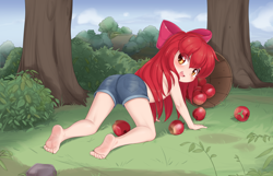 Size: 6539x4201 | Tagged: questionable, artist:pestil, apple bloom, apple, banned from derpibooru, blushing, bucket, clothes, female, food, human, humanized, imported from twibooru, lolicon, looking at you, looking back, looking back at you, nudity, orchard, partial nudity, paywalled source, solo, topless, tree, underage