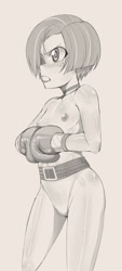 Size: 478x1055 | Tagged: questionable, artist:pugilismx, babs seed, banned from derpibooru, boxing, boxing gloves, clothes, female, human, humanized, imported from twibooru, lolicon, monochrome, partial nudity, solo, sports, topless, underage